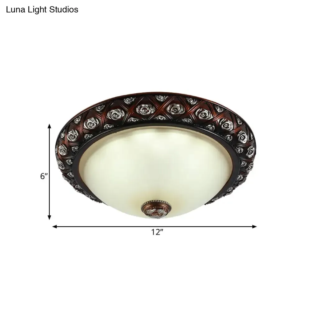 Rustic Bowl White Glass Flush Mount Lamp with Rose Pattern Trim - 2/3-Bulb Flush Light Fixture (12"/15.5" W)