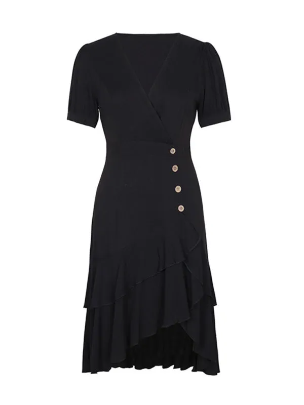 Solid Layered High-Low Midi Dress with Surplice V-Neck