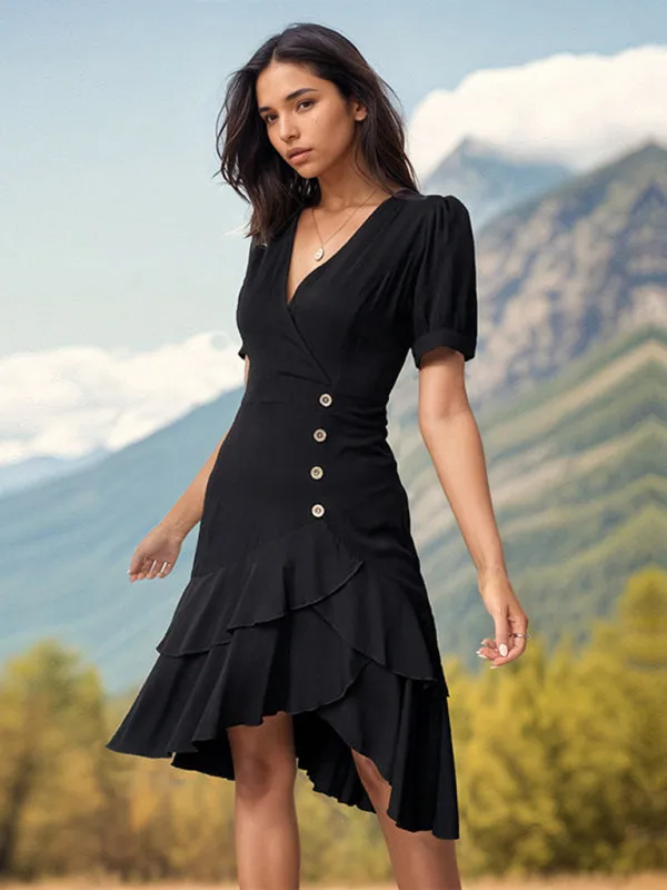 Solid Layered High-Low Midi Dress with Surplice V-Neck