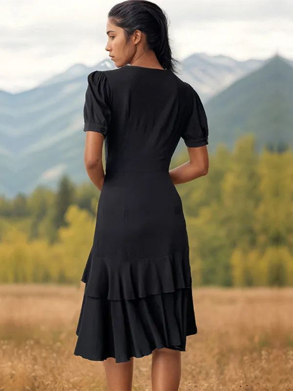 Solid Layered High-Low Midi Dress with Surplice V-Neck