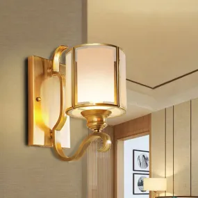 Translucent Glass Cylinder Sconce Vintage Wall Lamp Fixture with Curved Arm - Gold, 1/2-Light, Corner