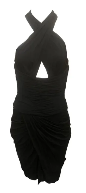Vicky Tiel 80s Black Jersey Halter Neck Body Con Cocktail  Dress