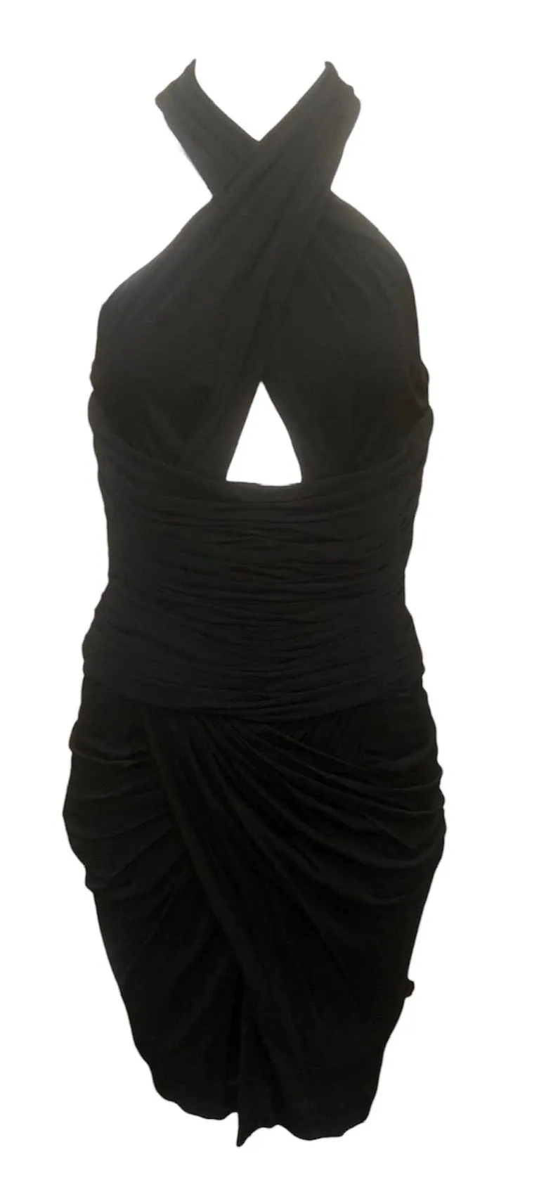 Vicky Tiel 80s Black Jersey Halter Neck Body Con Cocktail  Dress