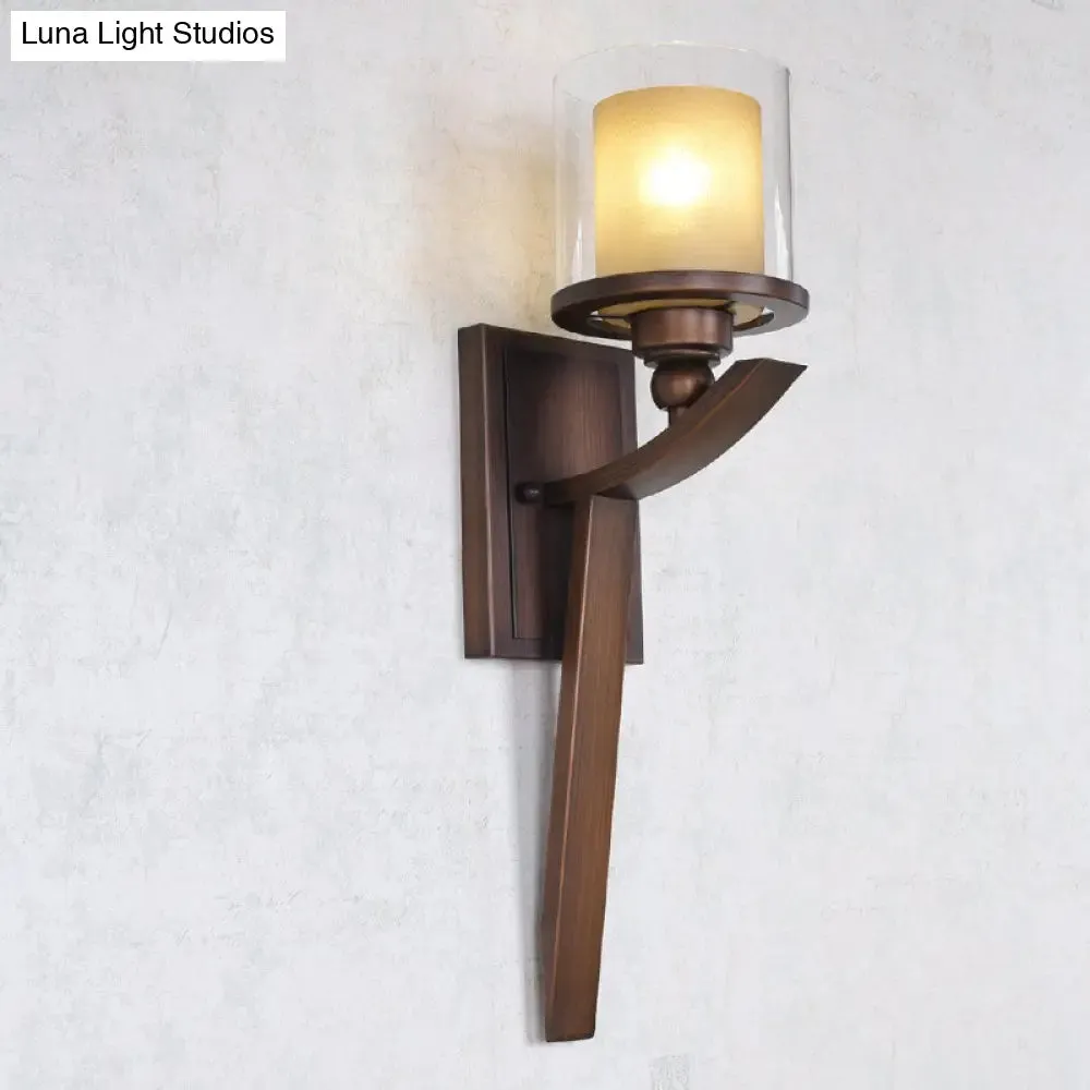 Vintage Double-Layer Glass Wall Cylinder 1-Bulb Light Fixture for Bedroom - Brown
